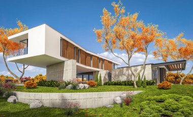 Sonbahar havuzu ile tepede modern evin 3D render