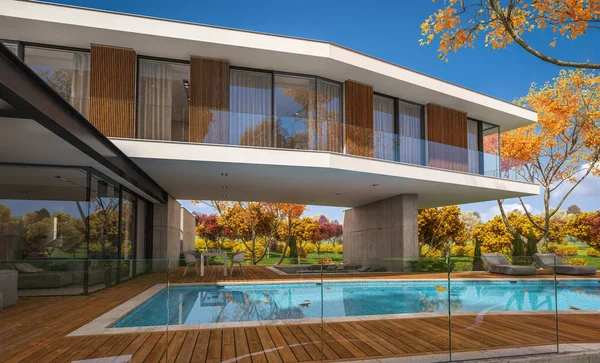 3d rendering of modern house on the hill with pool in autumn