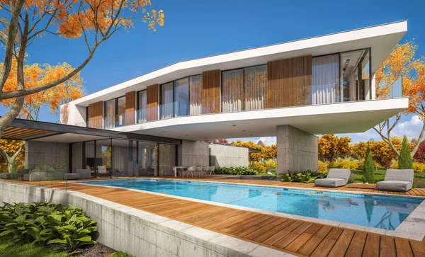 3d representación de casa moderna en la colina con piscina en otoño — Foto de Stock