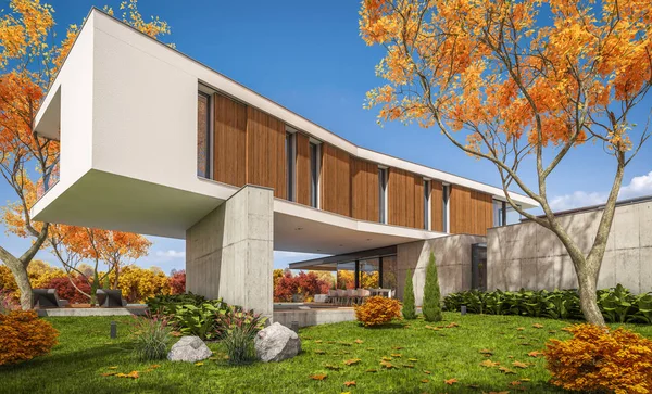 3d representación de casa moderna en la colina con piscina en otoño — Foto de Stock