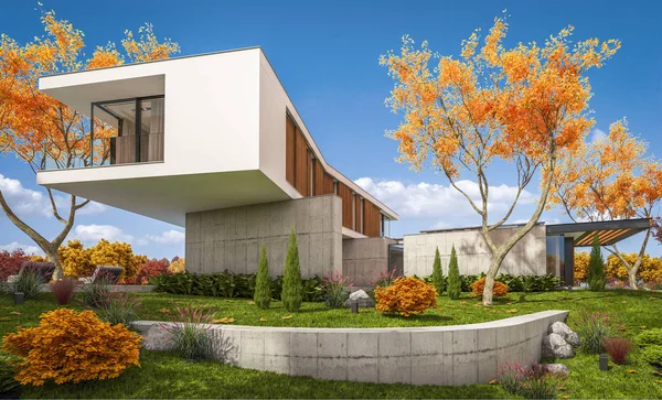 3d representación de casa moderna en la colina con piscina en otoño — Foto de Stock