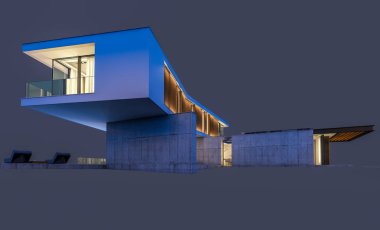 Gece isol havuz ile tepede modern evin 3d render