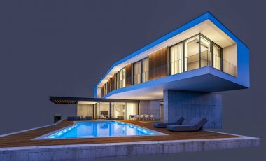Gece isol havuz ile tepede modern evin 3d render