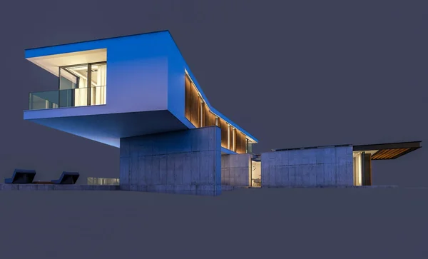 3D рендеринг современного дома на холме с бассейном в ночное время — стоковое фото