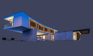 Gece isol havuz ile tepede modern evin 3d render