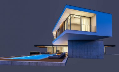 Gece isol havuz ile tepede modern evin 3d render