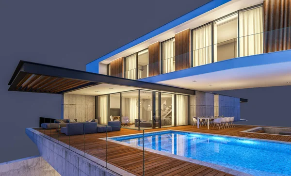 3D απόδοση του σύγχρονου σπιτιού στο λόφο με πισίνα στη νύχτα βαλβίδες — Φωτογραφία Αρχείου