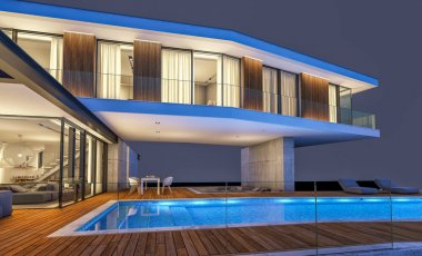 Gece isol havuz ile tepede modern evin 3d render