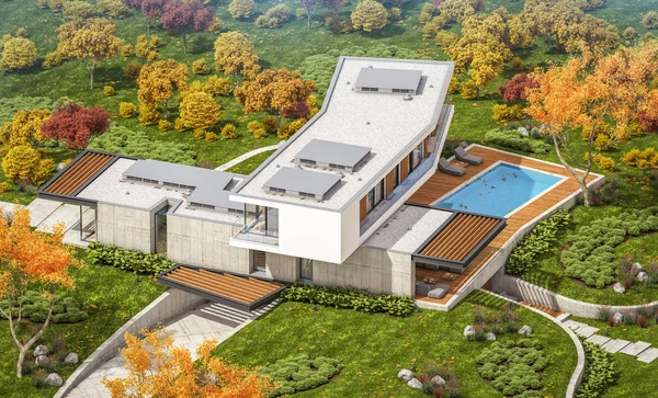 3D απόδοση του σύγχρονου σπιτιού στο λόφο με πισίνα το φθινόπωρο — Φωτογραφία Αρχείου