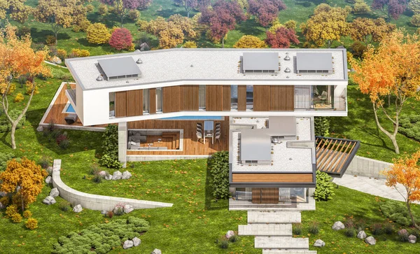 Renderowanie 3D nowoczesnego domu na wzgórzu z basenem jesienią — Zdjęcie stockowe