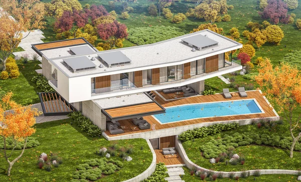 3D візуалізація сучасного будинку на пагорбі з басейном восени — стокове фото