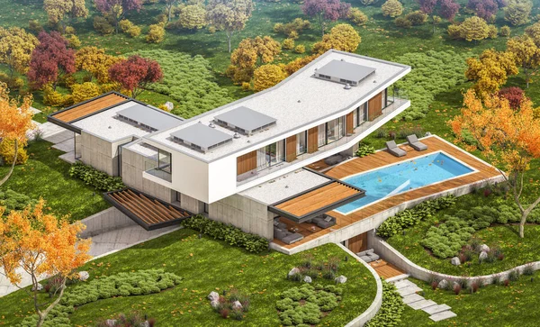 3D-rendering van modern huis op de heuvel met zwembad in de herfst — Stockfoto