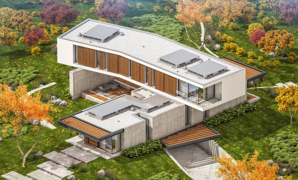 3D-rendering van modern huis op de heuvel met zwembad in de herfst — Stockfoto