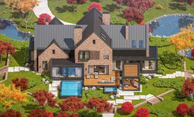 Bir havuz ile göletlerde modern klinker evin 3d render