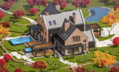 Bir havuz ile göletlerde modern klinker evin 3d render