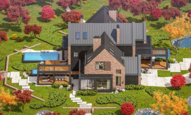 Bir havuz ile göletlerde modern klinker evin 3d render