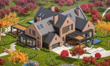 Bir havuz ile göletlerde modern klinker evin 3d render