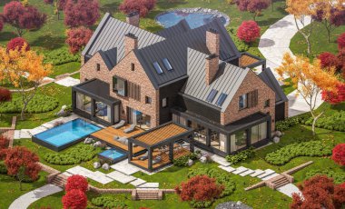 Bir havuz ile göletlerde modern klinker evin 3d render