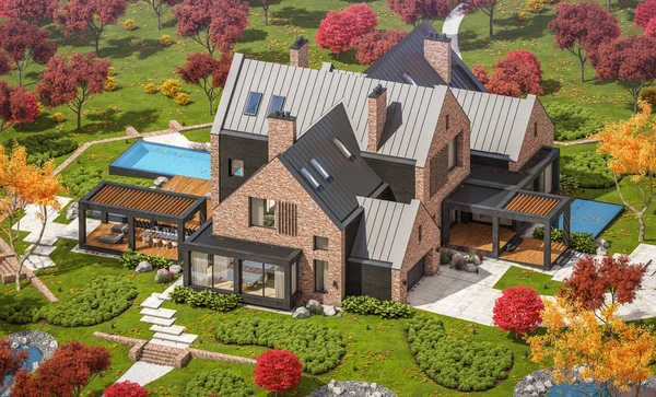 3D-rendering van modern klinker huis op de vijvers met zwembad in een — Stockfoto