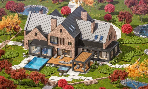 Bir havuz ile göletlerde modern klinker evin 3d render