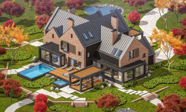 Bir havuz ile göletlerde modern klinker evin 3d render