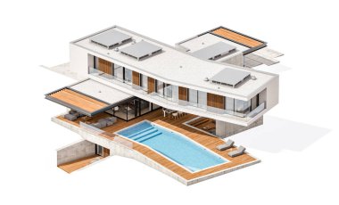 w üzerinde izole havuzu ile tepede modern evin 3D render