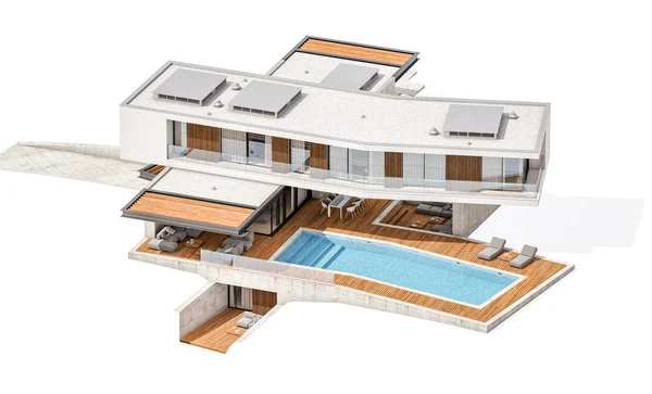 Renderowanie 3D nowoczesnego domu na wzgórzu z basenem izolowanym w — Zdjęcie stockowe
