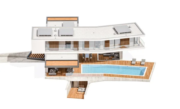 3d representación de casa moderna en la colina con piscina aislada en w —  Fotos de Stock