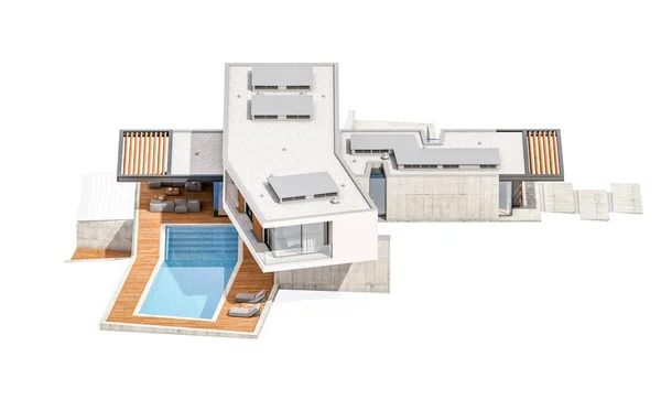 3d representación de casa moderna en la colina con piscina aislada en w —  Fotos de Stock