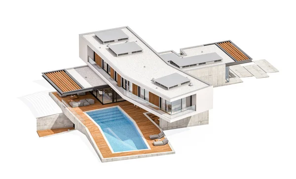 3D візуалізація сучасного будинку на пагорбі з басейном ізольовано на w — стокове фото