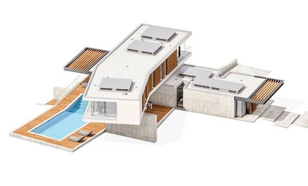 3D renderelés a modern ház a dombon a medence elszigetelt w — Stock Fotó