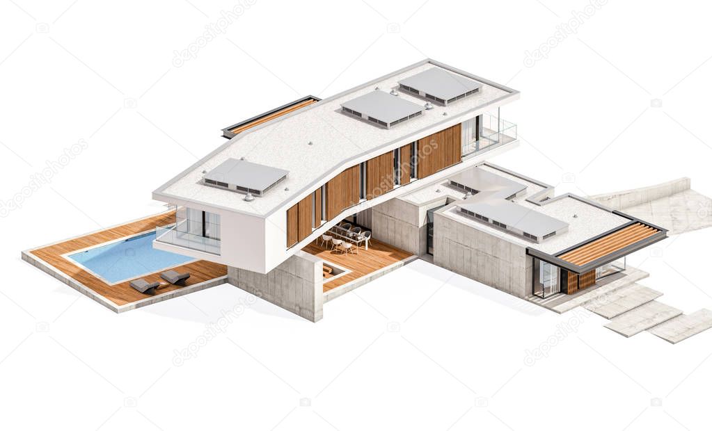 3d rendering of modern house on the hill with pool isolated on w