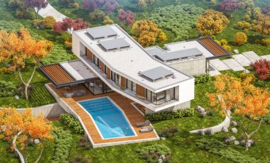 Sonbahar havuzu ile tepede modern evin 3D render