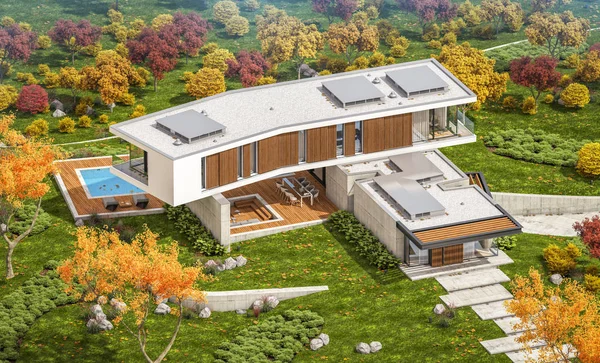 3d rendu de maison moderne sur la colline avec piscine en automne — Photo