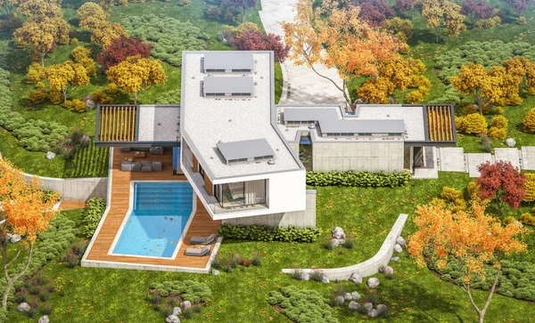 3D-Rendering des modernen Hauses auf dem Hügel mit Pool im Herbst — Stockfoto