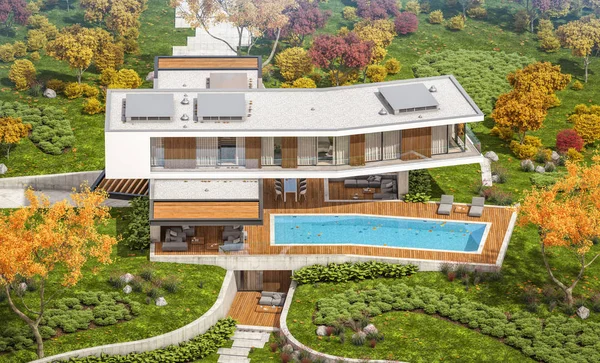 3D-rendering av moderna hus på kullen med pool i höst — Stockfoto