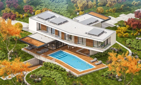 3D рендеринг современного дома на холме с бассейном осенью — стоковое фото
