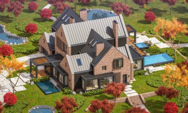 Bir havuz ile göletlerde modern klinker evin 3d render