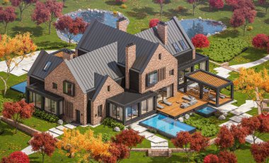 Bir havuz ile göletlerde modern klinker evin 3d render