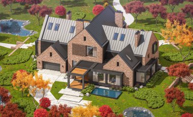 Bir havuz ile göletlerde modern klinker evin 3d render