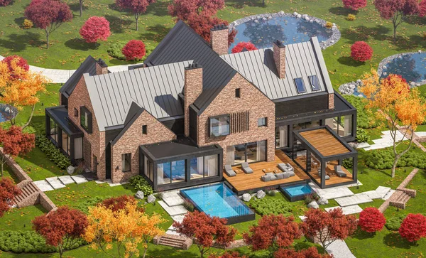 3D-rendering av moderna klinkerhus på dammarna med pool i en — Stockfoto