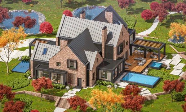 3D-Rendering von modernen Klinker-Haus auf den Teichen mit Pool in einem — Stockfoto