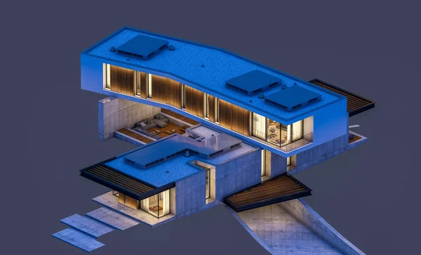 3D-Rendering von modernen Haus auf dem Hügel mit Pool in der Nacht isol — Stockfoto