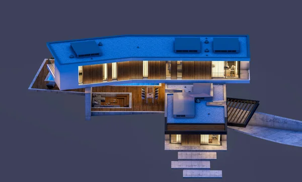 3D-Rendering von modernen Haus auf dem Hügel mit Pool in der Nacht isol — Stockfoto