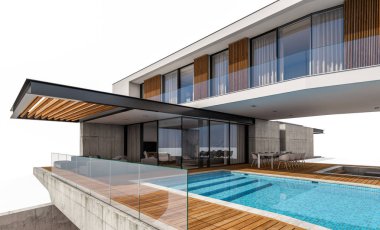 w üzerinde izole havuzu ile tepede modern evin 3D render