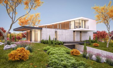 Sonbahar arifesinde havuz ile tepede modern evin 3d render