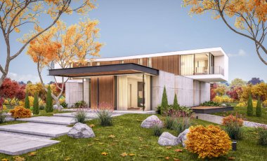Sonbahar arifesinde havuz ile tepede modern evin 3d render