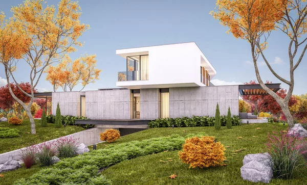 Renderowanie 3D nowoczesnego domu na wzgórzu z basenem w przeddzień jesienny — Zdjęcie stockowe