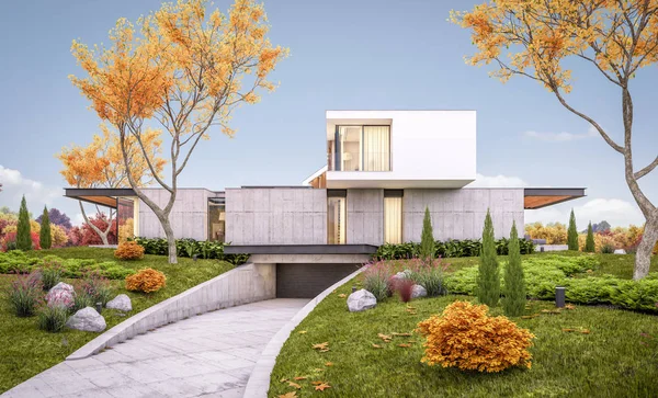 3d representación de casa moderna en la colina con piscina en la víspera de otoño — Foto de Stock