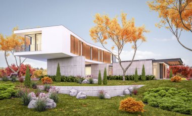 3d rendering of modern house on the hill with pool in autumn eve clipart